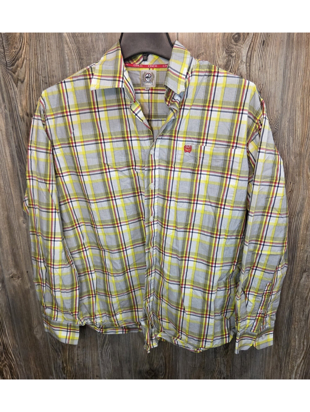 Cinch Western Button Shirt L/S Men Size Med Red Yellow & Gray Rodeo Ranch